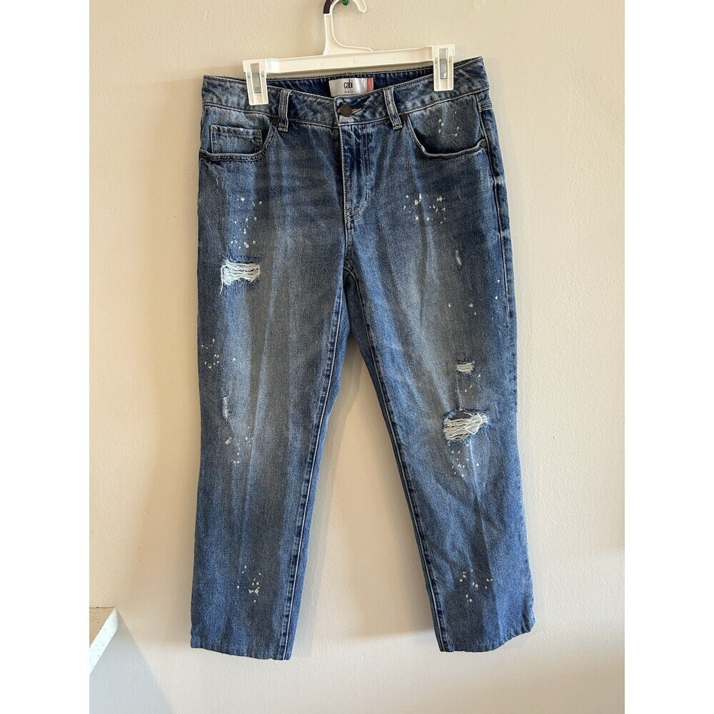 Cabi 100% Boyfriend Jeans Sz 6 Distressed Paint Splatter Cropped Denim